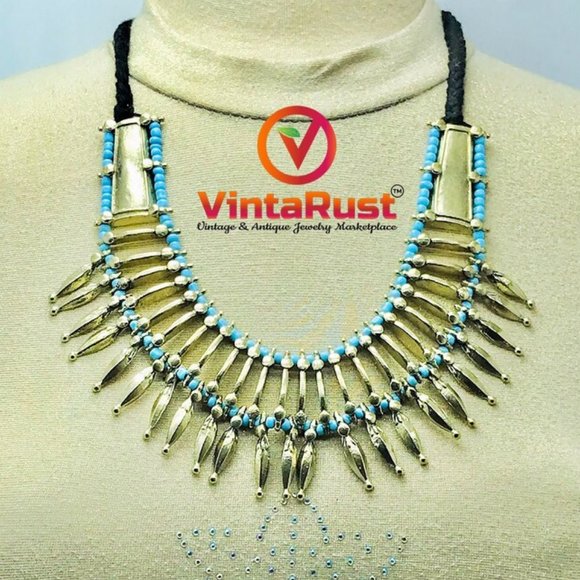 Afghan Ethnic Jewelry Set, Handmade Necklace With Earrings, Silver Metal Spikes - Picture 4 of 8